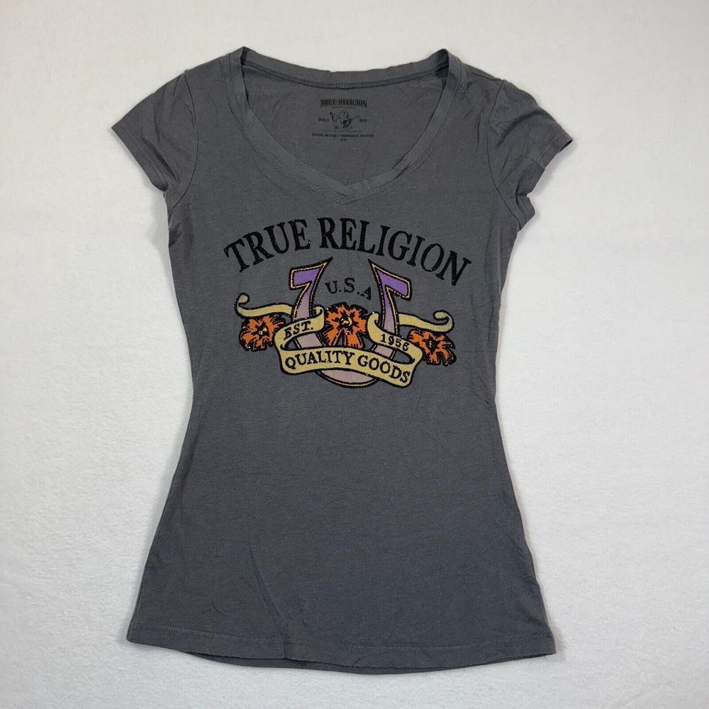 True Religion Top Women S Gray Deep-V Neck Crystal Rhinestones y2k Lightweight